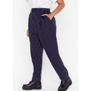 Nasty Gal Pinstripe Navy Blue Tapered High-Rise Pants